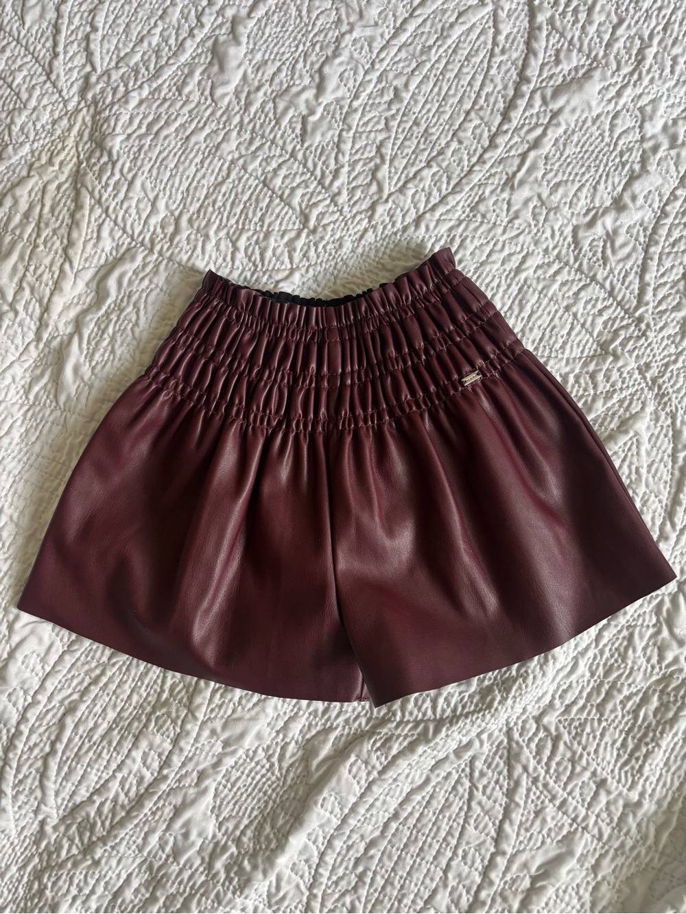 Mayoral Burgundy Faux Leather Smocked Waist Shorts